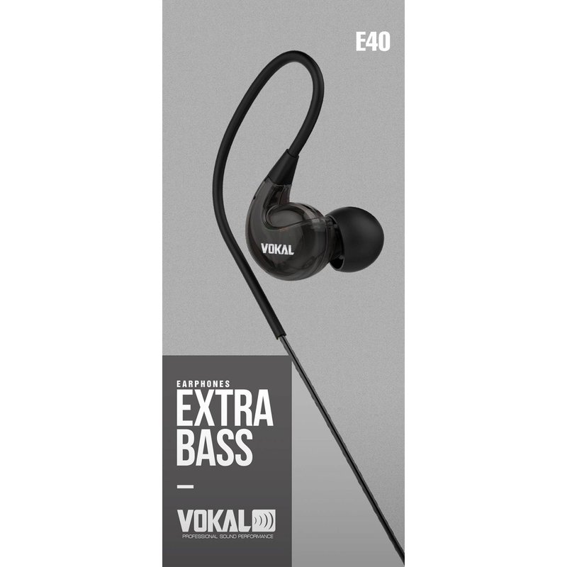 fone de ouvido vokal in ear e40 preto extra bass stereo com ganho de graves e volume 3096