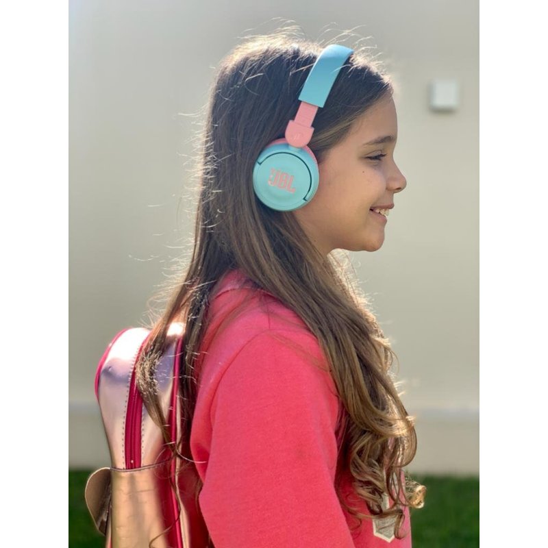 fone de ouvido jbl bluetooth infantil jr 310 bt rosa com azul crianca com adesivos 2523
