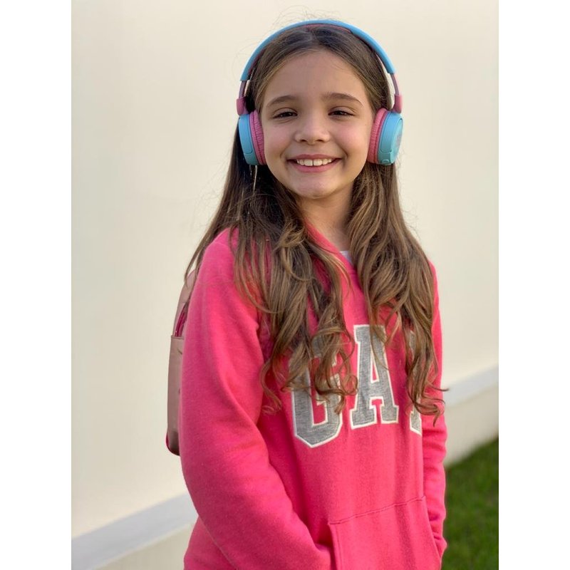 fone de ouvido jbl bluetooth infantil jr 310 bt rosa com azul crianca com adesivos 2524