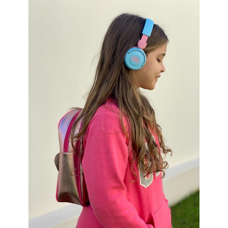 fone de ouvido jbl bluetooth infantil jr 310 bt rosa com azul crianca com adesivos 2525