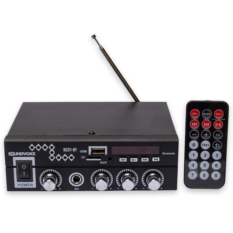 receiver amplificador soundvoice 60w rms rc01bt bivolt preto bluethooth usb sd fm mic 1019