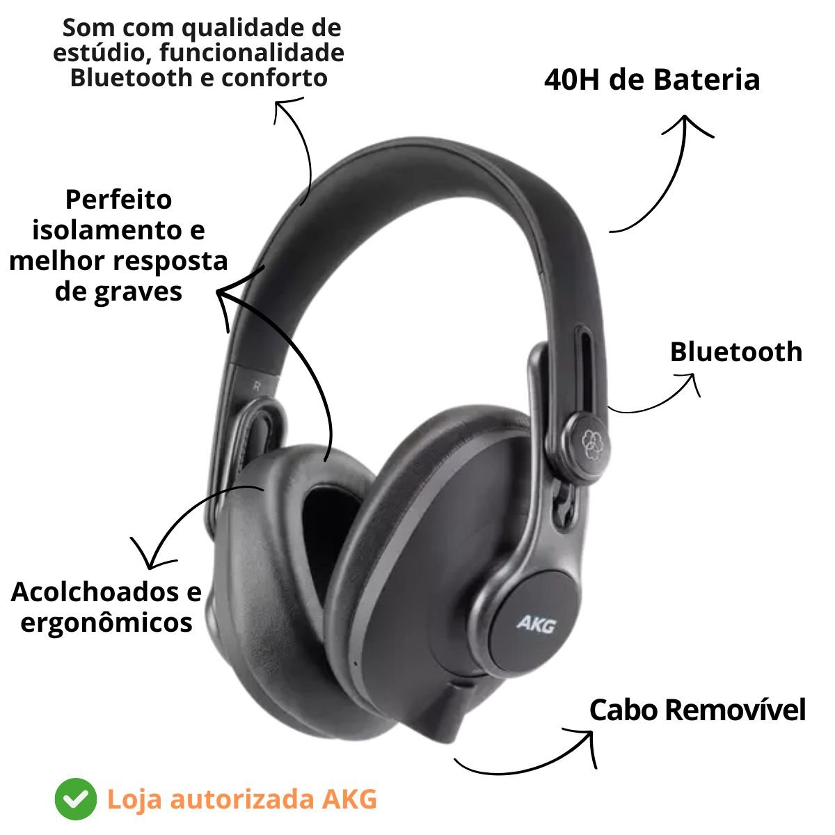 Fone AKG K371BT Profissional Bluetooth c/ cabo removível 40H Bateria